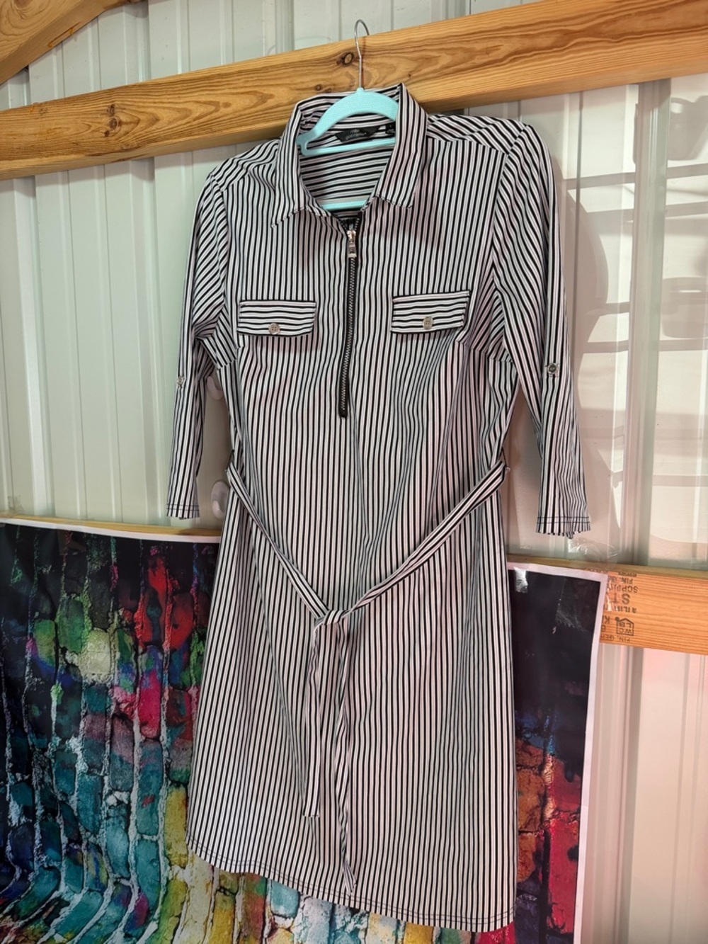 Black and White Vertical Stripe Shirt Dress with Tie Waist size large